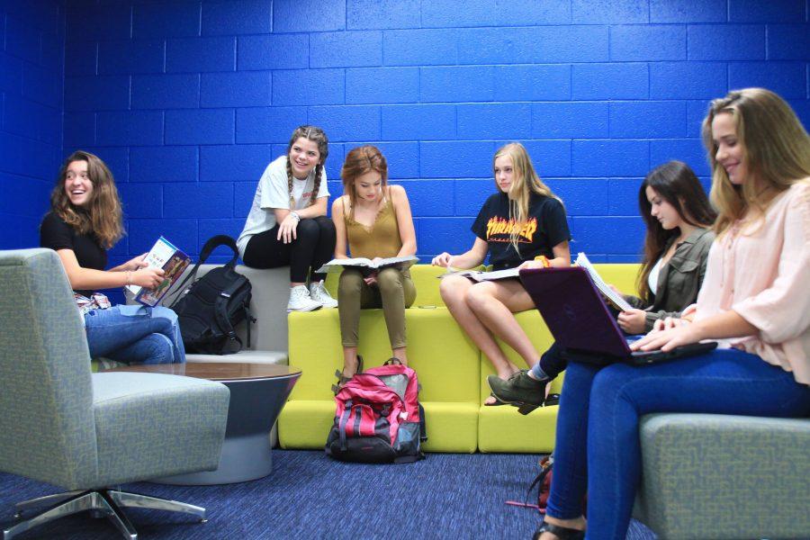Underclassmen gather in the renovated learning commons to study and collaborate.