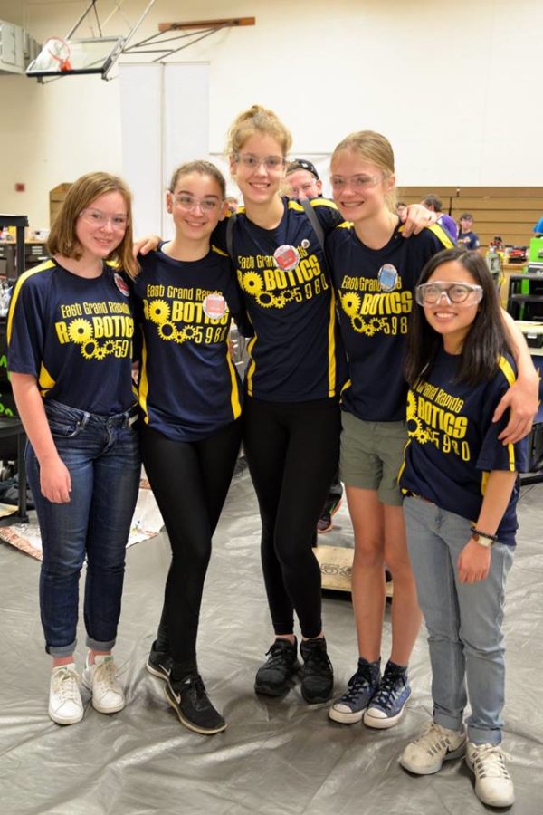 The girls of East Grand Rapids Robotics FRC team 5980 pose for a picture. (From left to right:) Libby Chambers 21, Carlie Couzens 18, Clara Luce 18, Lauren Vanden Bosch 19, and Danielle DeRoseau 19.